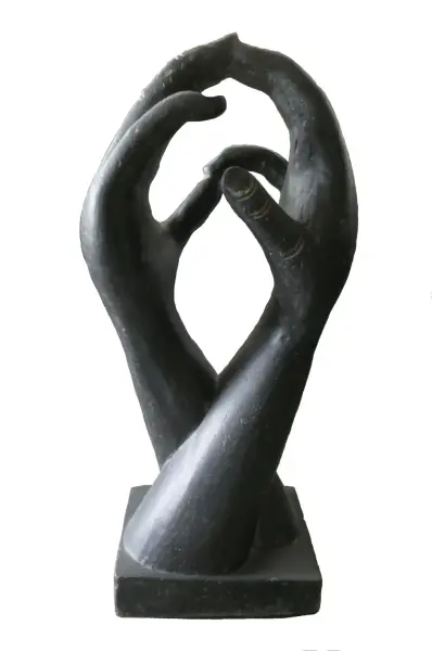 Product image of the product “Abstract sculture, two hands upright on a base. 46 c 36 x 102cm. Stone cast, handcrafted & coloured ”